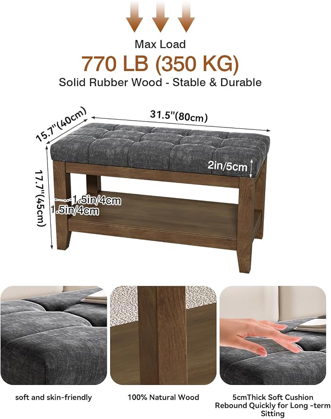 ABHENG Solid Rubber Wood Shoe Bench, Soft Chenille Material Upholstered Seat - Image 2