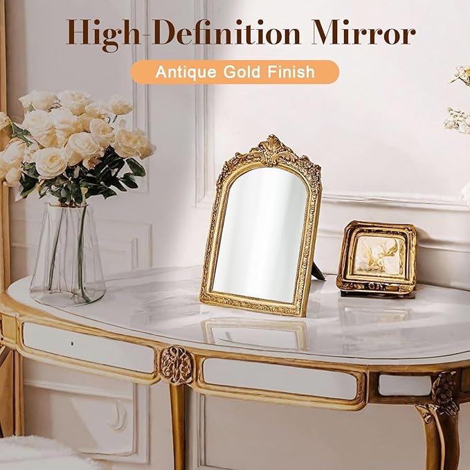 YUSONG Vintage Desk Mirror – 7" Gold Antique Tabletop Mirror - Image 3
