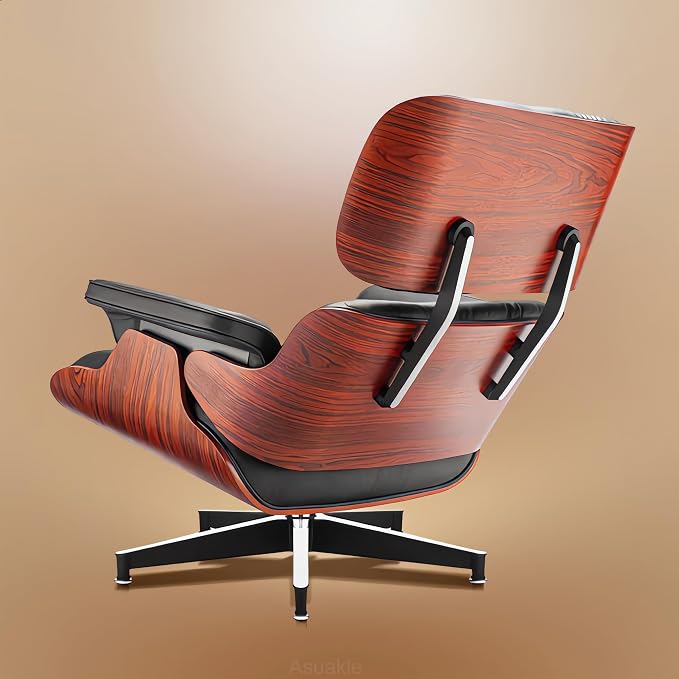 Top Black Grain Leather, Mid Century Chaise Lounge Chair and Ottoman, Modern - Image 7