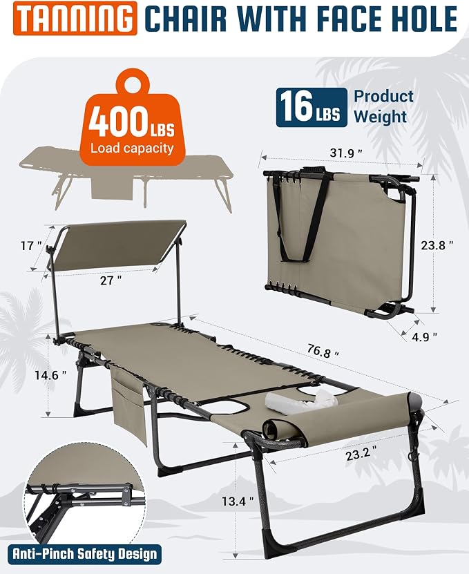 KingCamp Lounge Chair with face Hole & Canopy Shade, 400LBS Folding Portable - Image 2