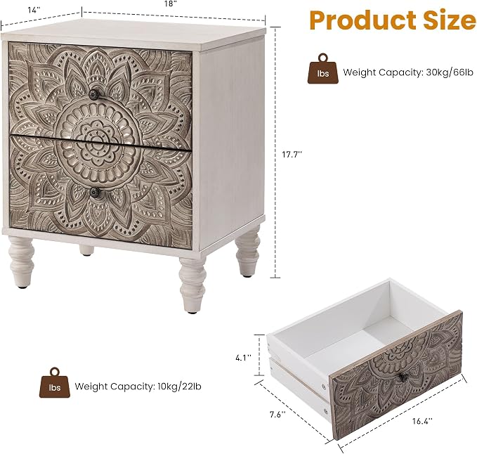 HOMPUS White Nightstand with 2 Drawers, Lotus Flower Carved Wood Bedside Table - Image 2
