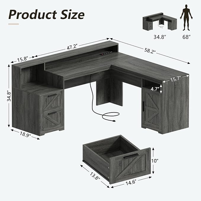 YOMILUVE 63" Farmhouse L Shaped Executive Desk - Image 2