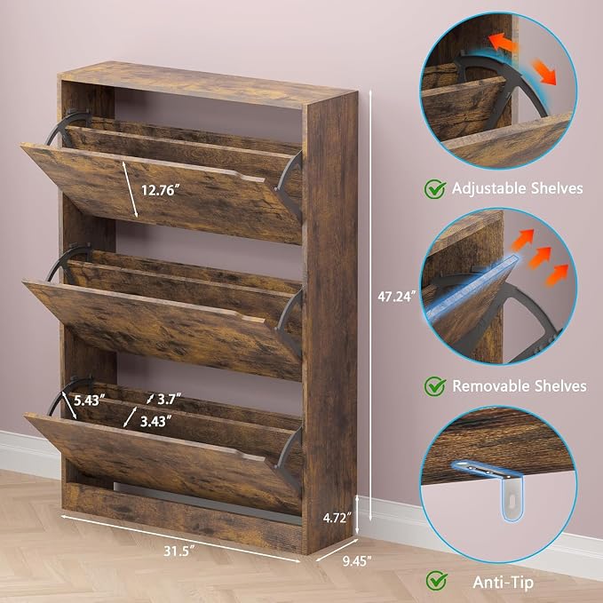 BORNOON Shoe Cabinet with 3 Flip Drawers, Hidden Wood Shoe Cabinet, - Image 2