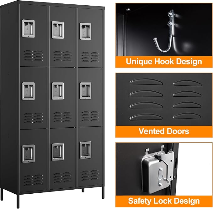 Metal Locker with 9 Doors Employees Locker, Metal Storage Locker with Hooks - Image 4