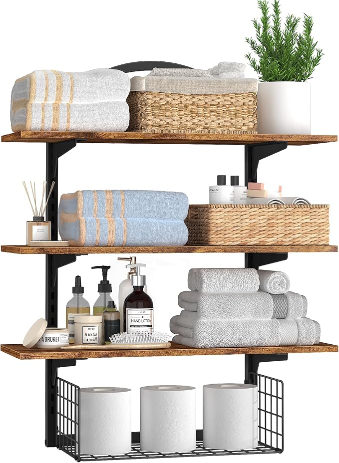 3 Tier Floating Shelf with Storage Baskets, Wall Mounted Bathroom Shelves Over by BCOZLUX