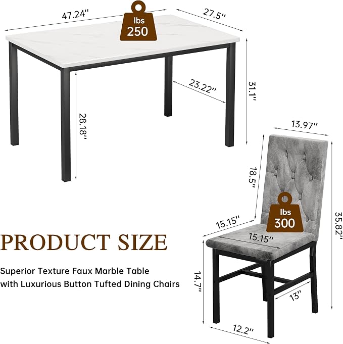 Hooseng Dining Table Set for 4, Faux Marble Small Kitchen Table Chairs Set of 4 - Image 6
