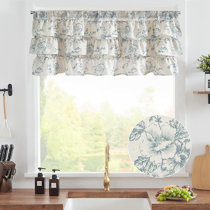 jinchan Ruffled Floral Valance Linen Shabby Chic Small Window Curtain 18 Inch - Image 2