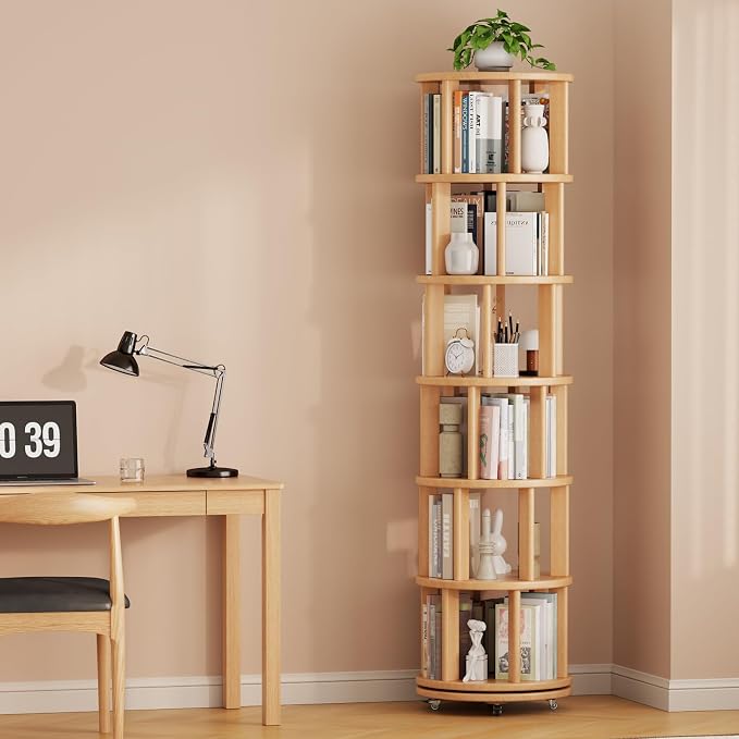 Muwuele Solid Wood Rotating Bookshelf on Wheels, 6 Tier, Round Revolving - Image 9