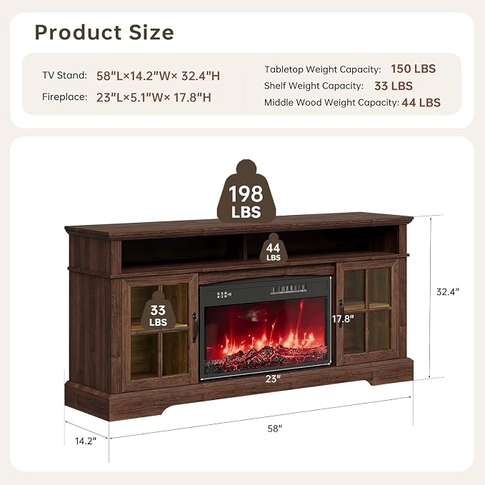 58" Fireplace TV Stand, Modern Entertainment Center - Image 2