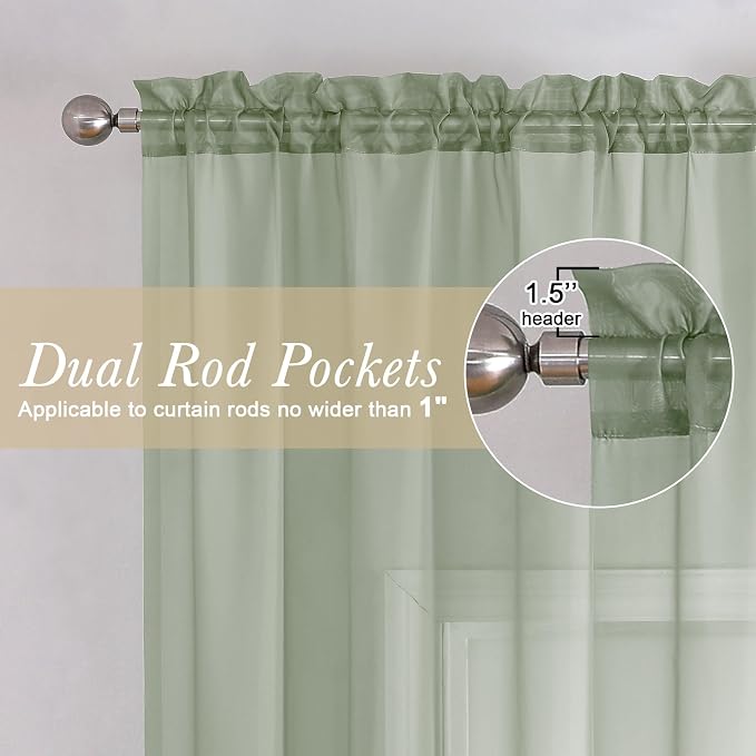 Lecloud Sage Green Sheer Curtains 90 Inches Long 2 Panels, Light Filtering Airy - Image 4