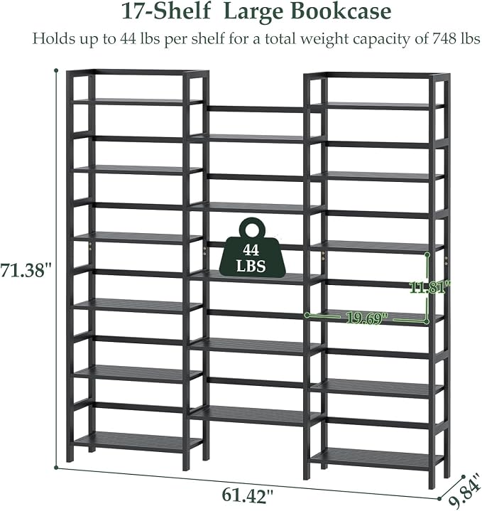 Homykic Bamboo Bookshelf, 71” Tall Triple Wide Bookcase - Image 3