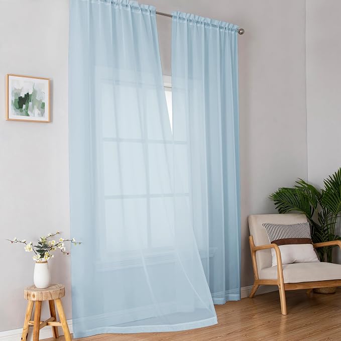 OWENIE Sky Blue Sheer Curtains 90 Inches Long - Image 2