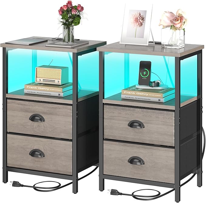 sthmec Nightstand with Charging Station, LED Night Stand Set of 2, Bedside by Unknown