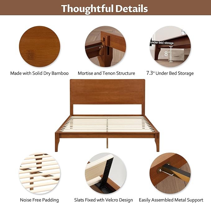 Merax Queen Size Bamboo Platform Bed, Mid-Century Modern Bed Frame - Image 5