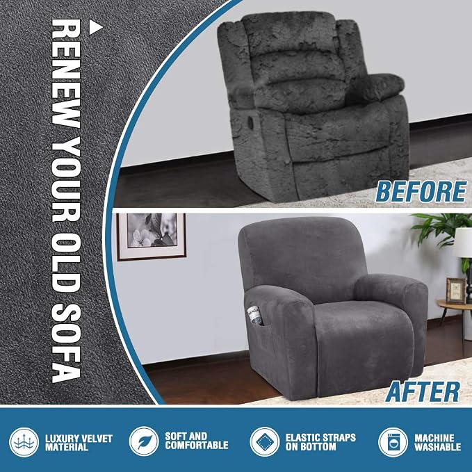 H.VERSAILTEX Velvet Stretch Recliner Couch Covers 4-Pieces Style Recliner Chair - Image 5