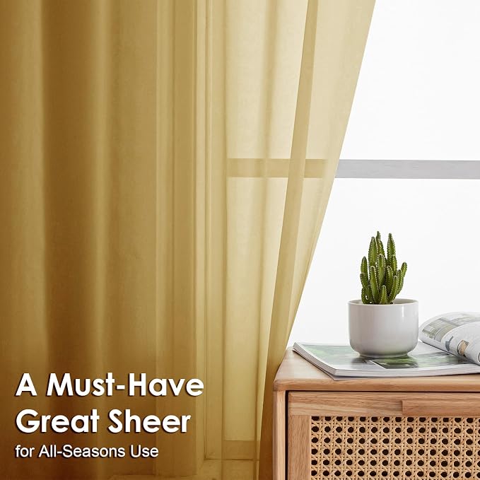 OVZME Gold Sheer Curtains 90 Inches Long 2 Panels - Image 2