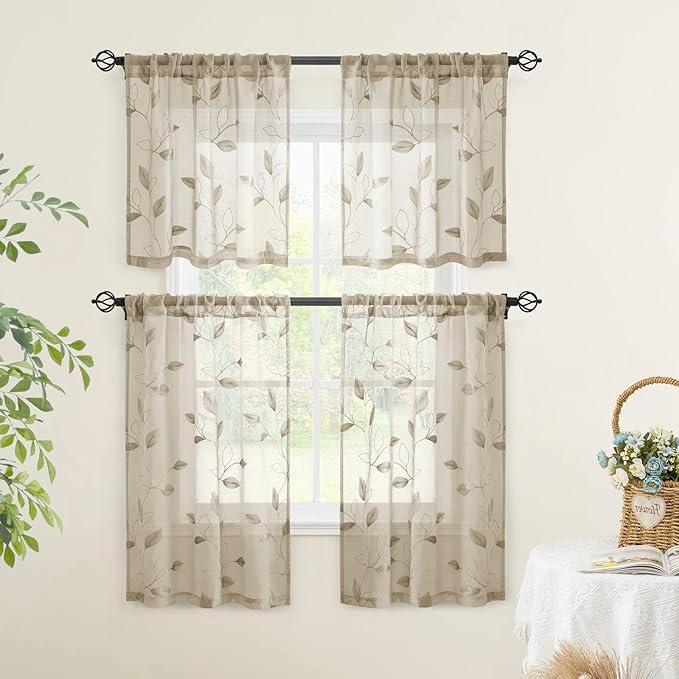 HOMEIDEAS Taupe Sheer Kitchen Curtains 30 X 24 Inch Length 2 Panels Beige - Image 5