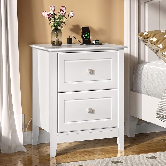 Bonnlo White Nightstand with Charging Station Night Stand White Wood Nightstand by Bonnlo