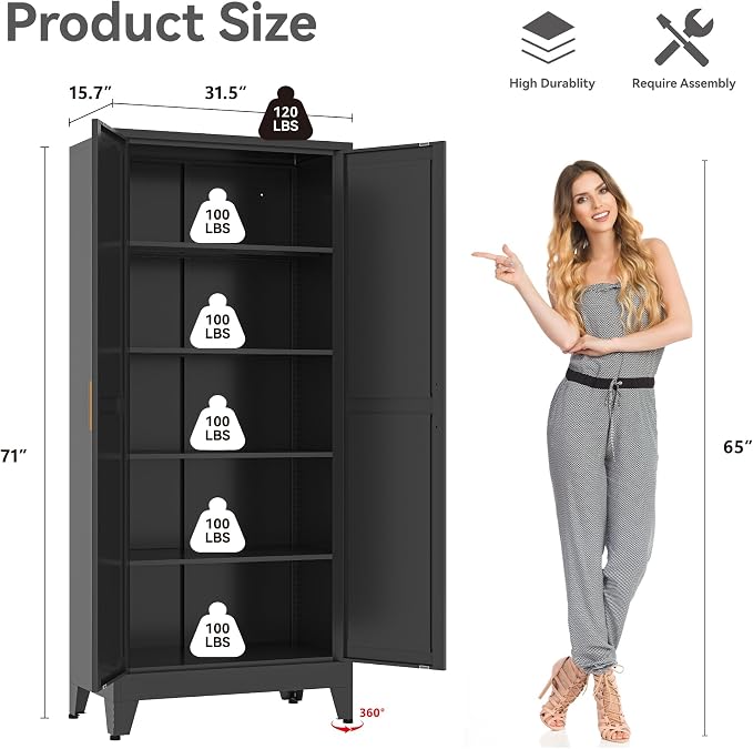 Bevivog Black Tall Bathroom Storage Cabinet, Metal Storage Cabinet - Image 3