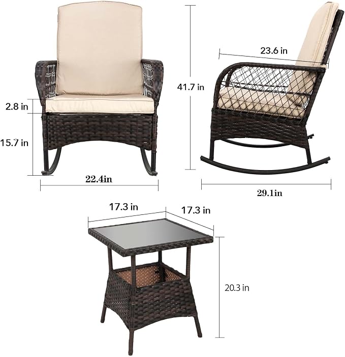 LEVELEVE 3 pcs Rocking Bistro Set Conversation Chairs PE Wicker Outdoor Rocking - Image 6