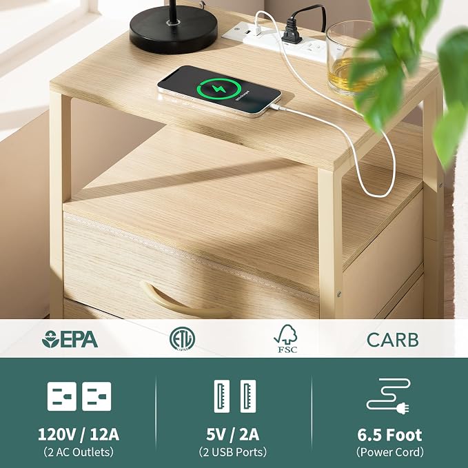 Yoobure Nightstand with Charging Station, LED Night Stand with Fabric Drawers - Image 7