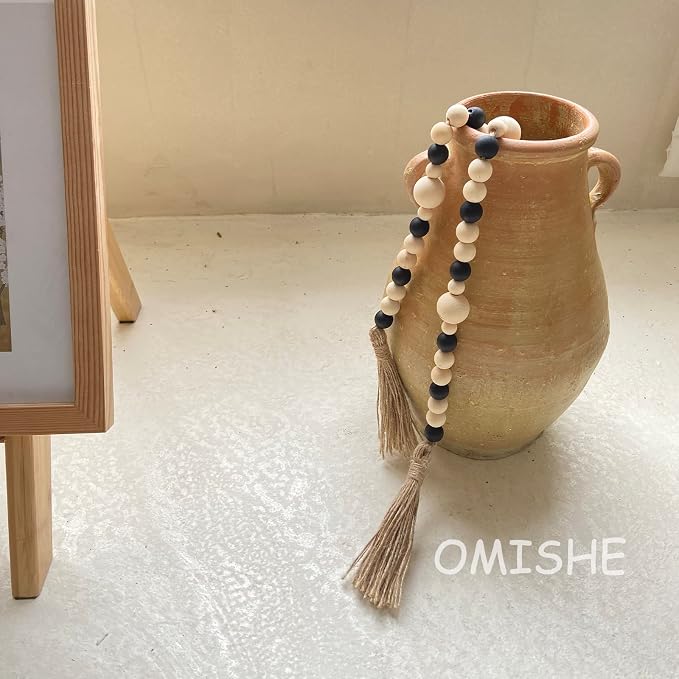 OMISHE Wood Bead Garland with Tassels 61 Inches, Boho Farmhouse Wooden - Image 3