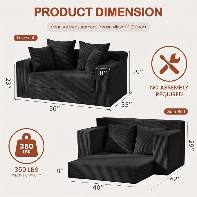 Convertible 5 in 1 Futon Sofa Bed Full Size, Corduroy Boneless Couch Sleeper - Image 2