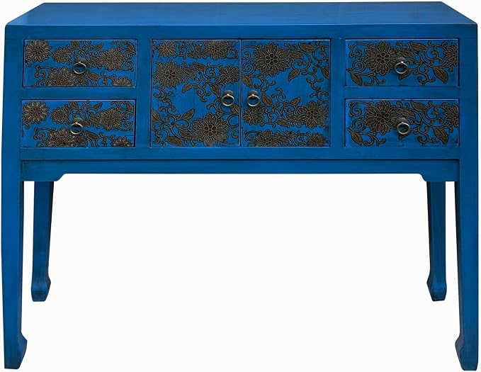 Blue Lacquer Golden Flower Graphic Drawers Slim Foyer Side Table Acs7732 - Image 2