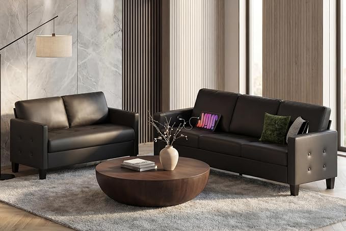 STHOUYN Black Faux Leather 3 Seater Sofa and Loveseat, Modern Comfy Office by STHOUYN