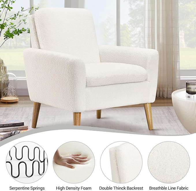 White Accent Chair Set of 2 for Living Room, Fluffy Comfy Reading Leisure - Image 3