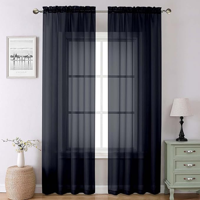 Lecloud Black Sheer Curtains 90 Inches Long 2 Panels Set, Privacy Voile Light by Lecloud