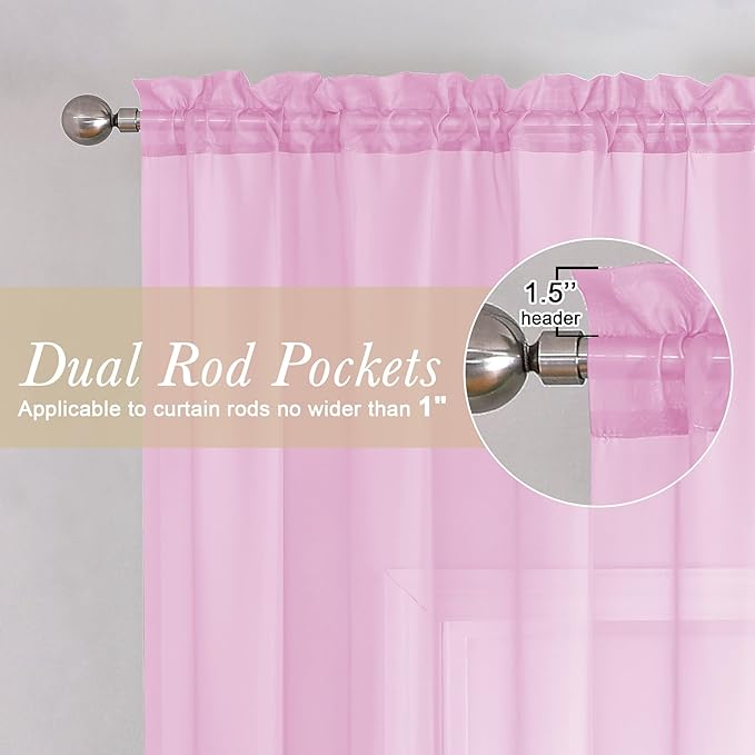 Lecloud Light Pink Sheer Curtains 63 Inch Length 2 Panels Set, Elegant Voile - Image 2