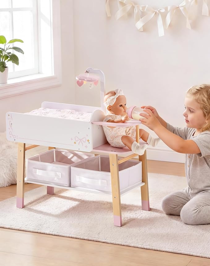 ROBOTIME 18 Inch Doll Changing Table, Wooden Baby Doll Bed - Image 2