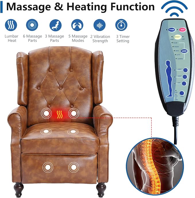 Wingback Recliner Chair with Heat and Massage, PU Leather Push Back Recliner - Image 3
