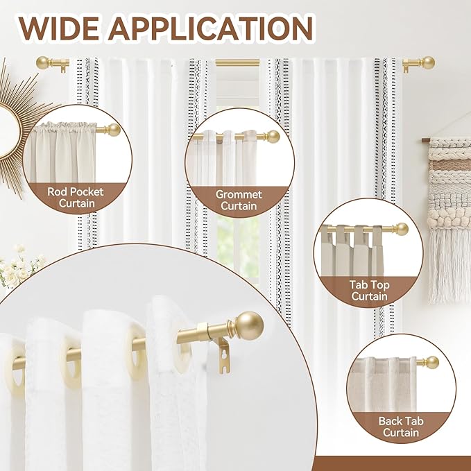 Gold Curtain Rod for Windows 66 to 120 Inch, 5/8 Inch Diameter Adjustable - Image 6