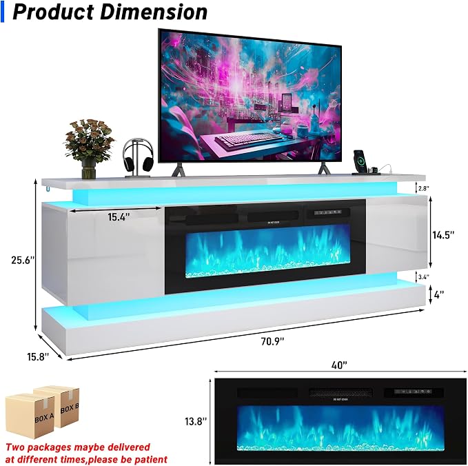 chartustriable 71IN LED TV Stands w/40 inch Fireplace Power Outlet - Image 2