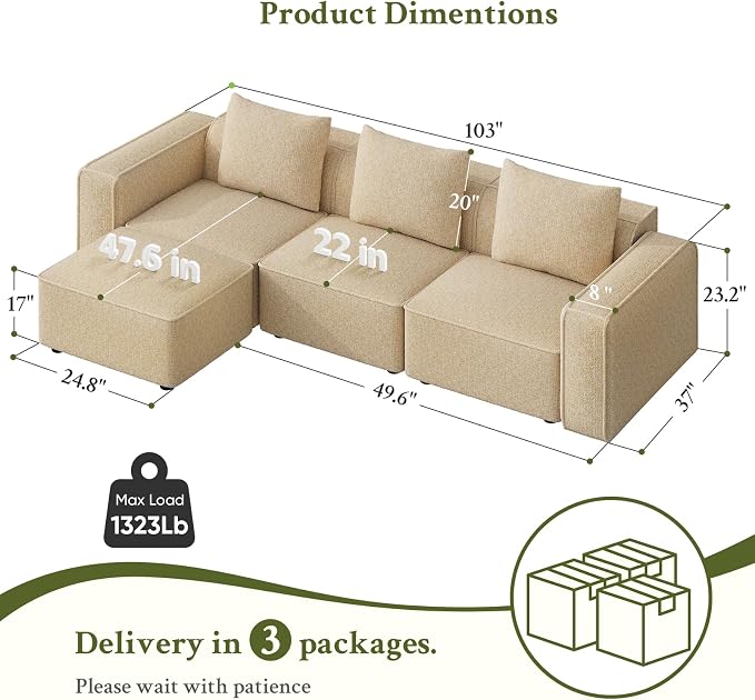 Welzona 103" Modular Sectional Sofa, Minimalist Comfy Cloud Couch Sectional - Image 2