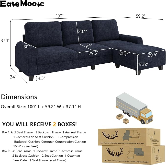 EASE MOOSE 100" Chenille L-Shaped Sectional Sofa, Modern Deep Seat Modular Couch - Image 2