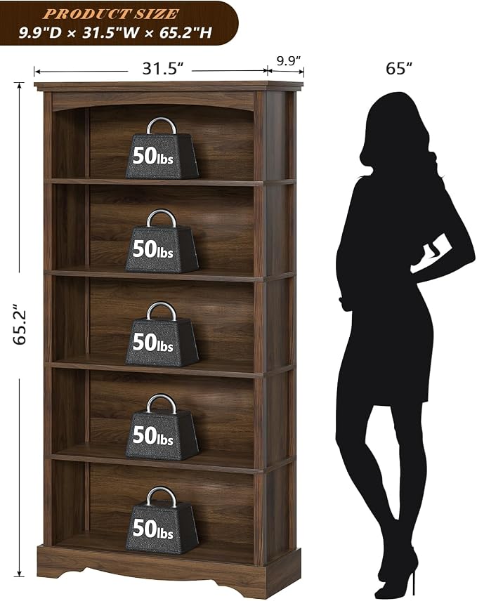 TVU 5-Tier Wooden Bookshelf, 31.5" W x 65" H ×9.9" D Bookshelf - Image 3