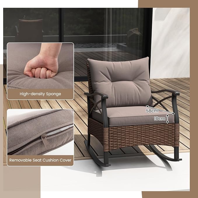 Tangkula 3 Pieces Outdoor Rocking Chairs Set, Rattan Heavy Duty Cushioned - Image 5
