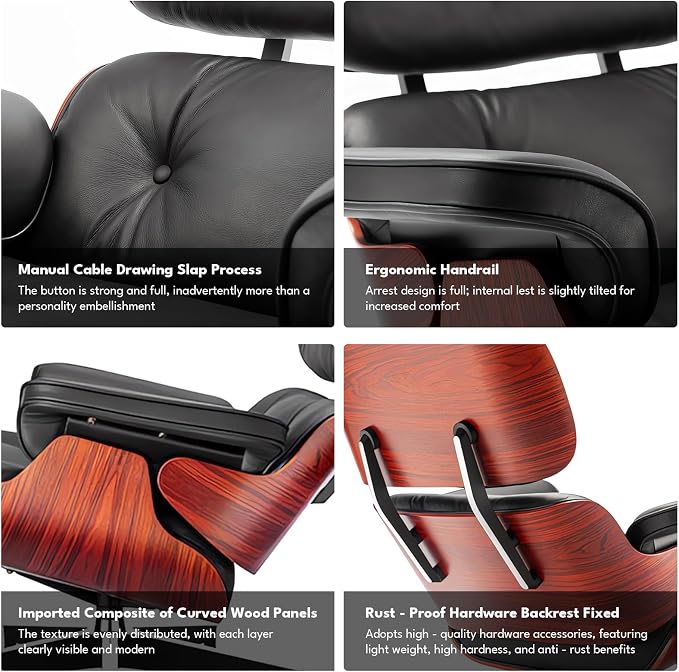 Top Black Grain Leather, Mid Century Chaise Lounge Chair and Ottoman, Modern - Image 6