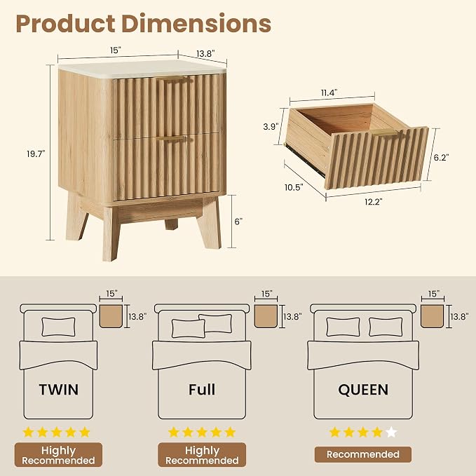 Fluted Nightstand Set of 2, Modern End Table - Image 2