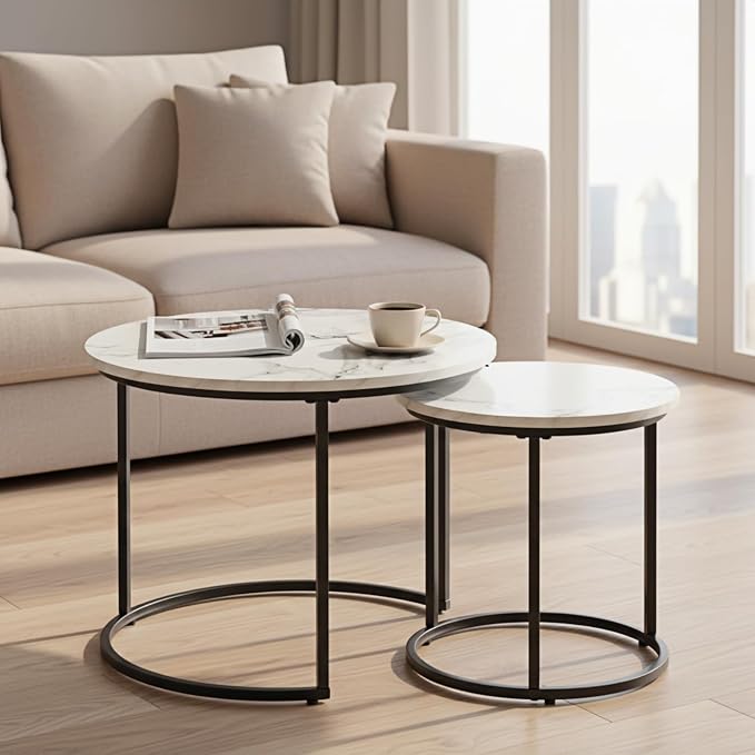 Round Nesting Coffee Table Set of 2, Modern Marble Pattern Wooden Nesting Tables by Cuizehua