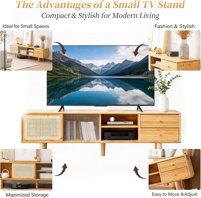 Tiita Rattan TV Stand for 55 60 Inch TV, Bamboo TV Cabinet - Image 8