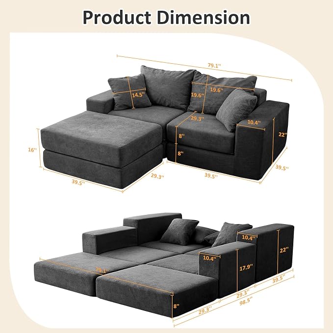 Modular Sectional Loveaeat Cloud Sofa, Boneless Couch - Image 3