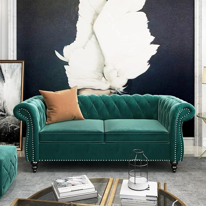 Chesterfield Loveseat Sofa, Modern Velvet Small Sofa Couch 2 Seater by RUSTYER