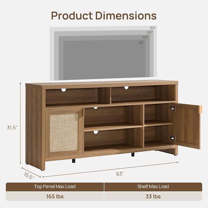 SICOTAS 63" Rattan TV Stand for 55" 65" TV - Image 2