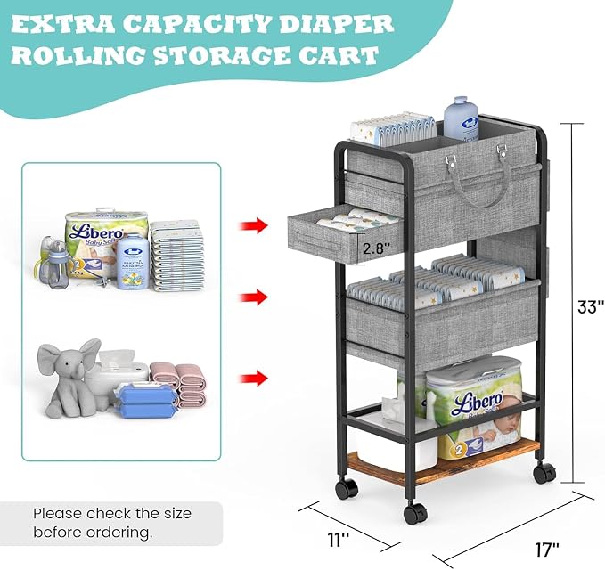 LIDTOP 2In1 Baby Diaper Caddy & 4-Tier Rolling Diaper Cart, Diaper Caddy - Image 2