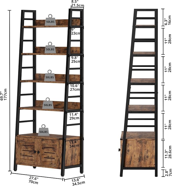 IRONCK Bookshelf with Louvered Doors, 4-Tier Ladder Shelf with Cabinet - Image 3