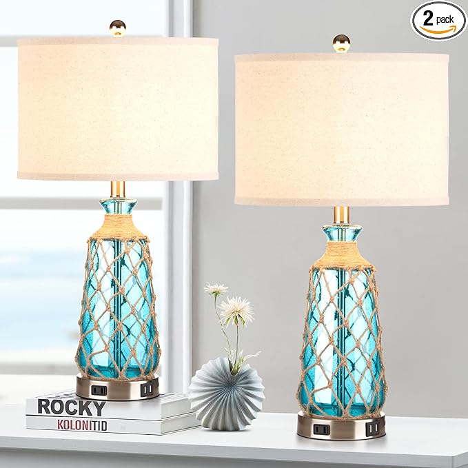 Ruzectt 25.5" Coastal Glass Table Lamps Set of 2, 3-Way Dimmable Touch Control by Home